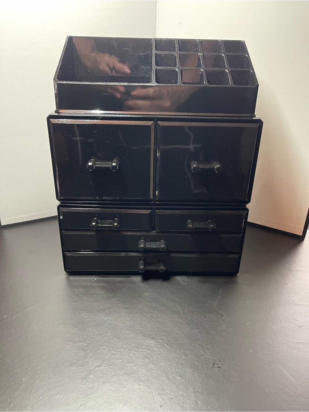 Black Modular Makeup Organizer with Multiple Drawers and Top Compartments